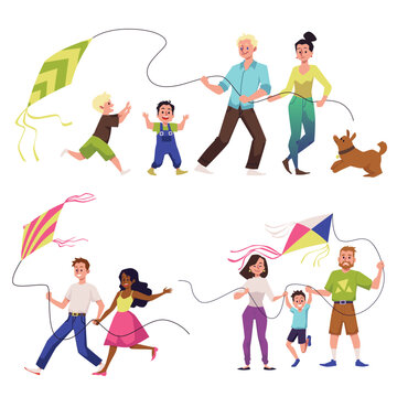 Happy families playing with a kite set of vector cartoon illustrations isolated.