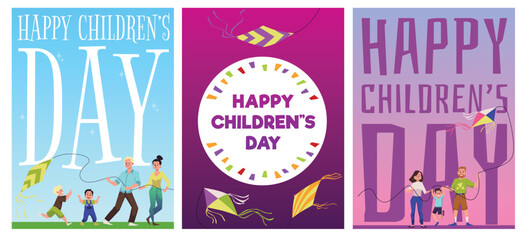 Set of posters about happy children's day flat style, vector illustration