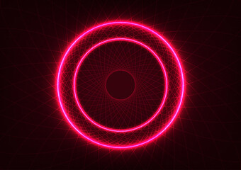 Neon circle light line on red web spider digital technology background