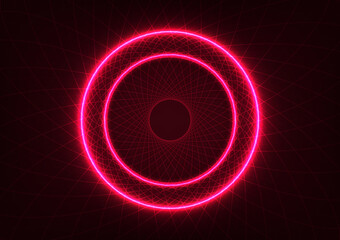Neon circle light line on red web spider digital technology background