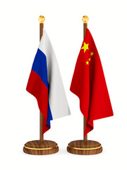 Chinese and Russian flag on white background. Isolated 3D illustration