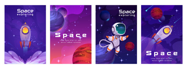 Space posters with astronaut, rocket and planets on background of universe with stars. Concept of cosmos exploring and travel with cosmonaut and spaceship launch, vector cartoon illustration © klyaksun