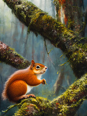 Obraz premium Squirrel in a lush, green forest setting. The small, agile animal is shown perched atop a delicate branch, its bright eyes and fluffy tail adding a touch of whimsy to the scene.. Generative AI
