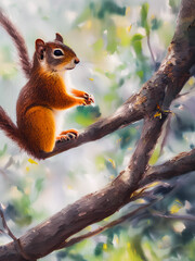 Squirrel in a lush, green forest setting. The small, agile animal is shown perched atop a delicate branch, its bright eyes and fluffy tail adding a touch of whimsy to the scene.. Generative AI