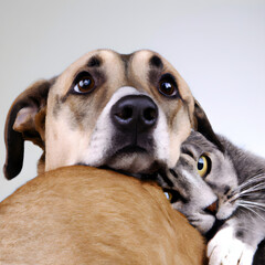 Cat and dog cuddling together. Generative AI.