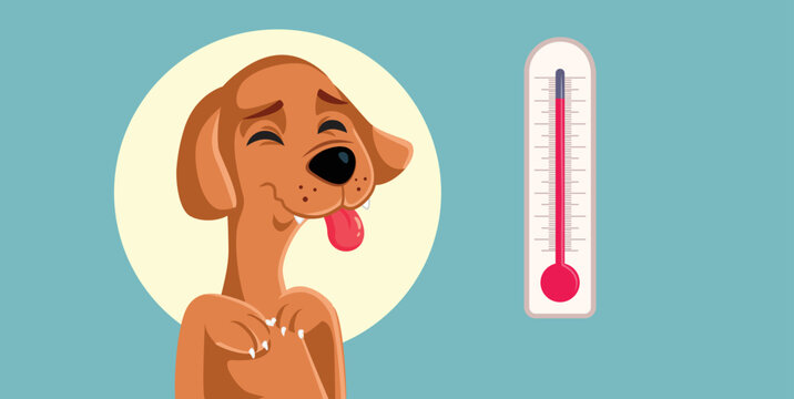 Dog Feeling Bad During Hot Summer Days Vector Illustration. Pet animal feeling unwell duet to dehydration and hyperthermia 
