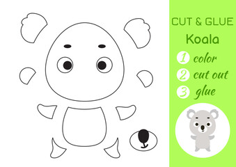 Color, cut and glue paper little koala. Cut and paste crafts activity page. Educational game for preschool children. DIY worksheet. Kids logic game, puzzle. Vector stock illustration