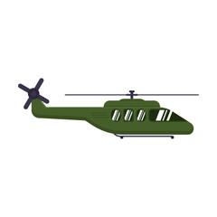Vector picture of combat green helicopter with a propeller in flat style. Army weapon illustration. Military equipment. War, battle concept