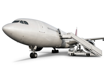Wide body passenger airplane with boarding ramp isolated on transparent background