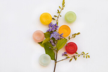 cough sore throat pastille extract herbal arrangement flat lay style on background white 