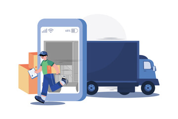 Smartphone with a delivery truck, express delivery courier holding a cardboard box.