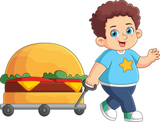 A cute boy pulling a big burger