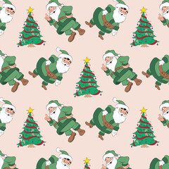 seamless pattern with green tree, green santa claus,  Vector illustration for background, wallpaper.
