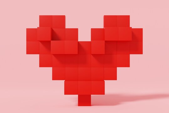 3d heart product display. 3d pixel heart on pink background with soft lighting. 3d render illustration. 