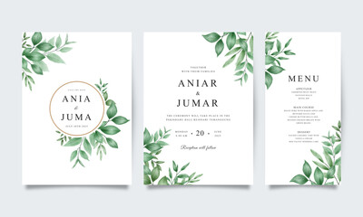 Beautiful wedding invitation template with watercolor green leaves