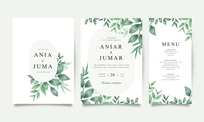 Set of wedding invitation card templates with beautiful watercolor leaves