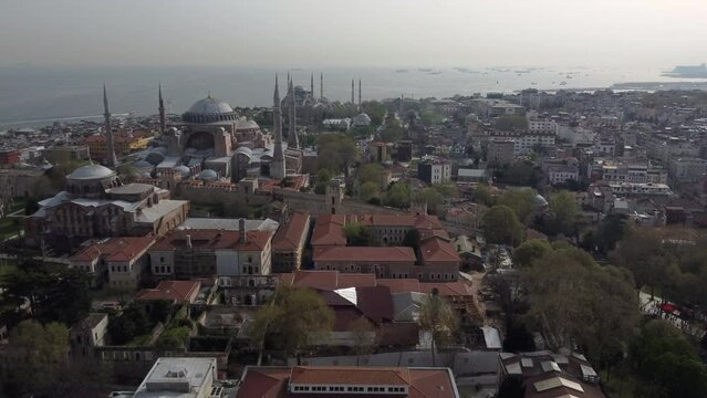 Drone shot of Blue Mosque, Hagia Irene and Hagia Sophia in Istanbul, Turkey. Snippet could ideally be used for travel or Istanbul related movies and Europe, Asia or Turkey videos.