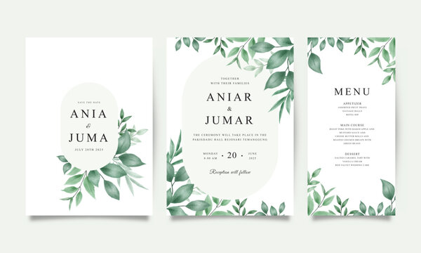 Set of wedding invitation card templates with beautiful watercolor leaves