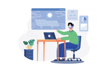 A male engineer is wearing a VR headset to check solar panel