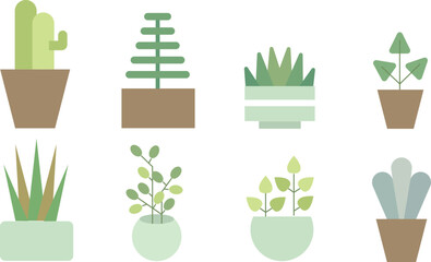 Simple Plants in Pots with flat pastel colors isolated