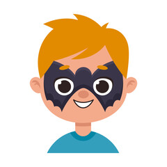 Portrait of happy kid with night bat superhero painting or creative makeup. Children face with colorful painting cartoon illustration. Party, entertainment concept