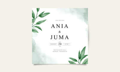 Minimalist template wedding card with watercolor green leaves