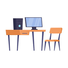 Fototapeta premium Computer classroom interior cartoon illustration. Desk with computer and chair isolated on white background. School, study, education, equipment concept