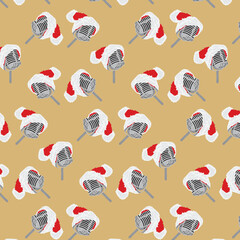 Red christmas hat  Microphone icon isolated seamless pattern on brown background. 