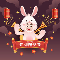 Boy Wearing Cute Rabbit Custom Celebrate Chinese New Year
