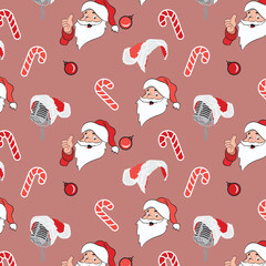 Christmas background, seamless tiling, Santa claus, christmas candy, Christmas hat mike for wrapping paper pattern