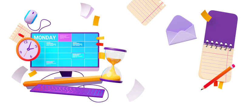 Online calendar, digital schedule on computer screen. Concept of agenda, tasks and meeting planner, time organization with daily plan on computer, notes, clock and hourglass, 3d render illustration