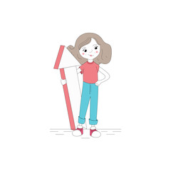 Corporate Girl holding green arrow up, illustration isolated on white background. 