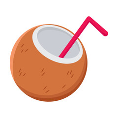 Comic open coconut with coconut milk and drinking straw inside vector illustration. Cartoon isolated on white background. Summer, vacation concept