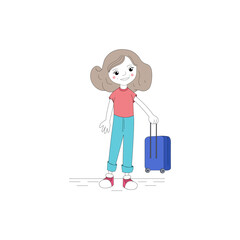 The travel illustration is a beautiful young girl with a suitcase isolated on a white background. Clip art, print, design for travel agencies. 
