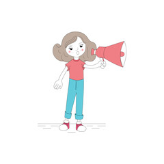 Cute kid girl holding a megaphone hand-drawn cartoon character illustration.