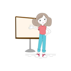 girl character with the board. corporate clip art vector. Perfect for coloring book, textiles, icon, web, painting, children's books, t-shirt print.