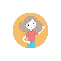 Smiling girl character shows a hand gesture isolated on white background. Perfect for coloring book, textiles, icon, web, painting, children's books, t-shirt print.