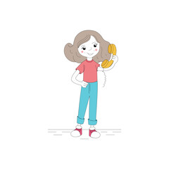 Girl character with phone pop art vector illustration. Comic book-style imitation. cute girl clip art vector isolated on white background.