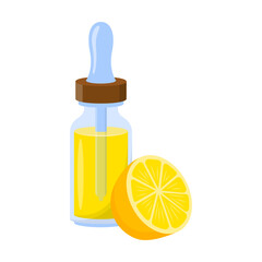 Essential oil with plant fragrances vector illustration. Glass bottle with lemon oil. Aromatherapy, perfume concept