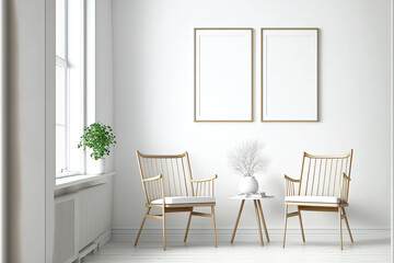 minimalist modern living room design with empty frame mockup, two wooden chairs on white wall, AI assisted finalized in Photoshop by me 
