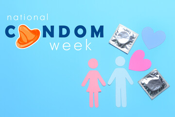 Female and male paper figures with condoms on blue background. National Condom Week