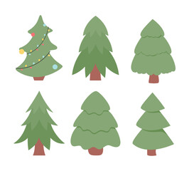 Fir trees of different shapes vector illustrations set. Cartoon drawings of spruce for Christmas, tree with baubles and garland isolated on white background. Nature, Christmas, winter holidays concept
