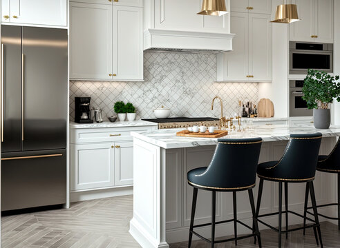 Luxury kitchen interior with new stylish furniture, white marble countertops, modern, AI assisted finalized in Photoshop by me 
