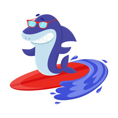Naklejka premium Funny toothy shark with glasses surfing, enjoying outdoor activity. Cute animal character on surfboard cartoon illustration. Summer, extreme water sport concept