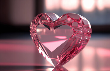 Pink diamond heart on a reflective surface, 3D