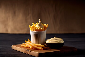  french fries with mayonnaise in a box with professional lightning and a dark background, generative ai