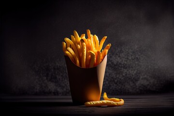 plain french fries in a box with professional lightning and a dark background, generative ai