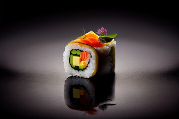 one piece of sushi with decoration on a dark background, generative ai