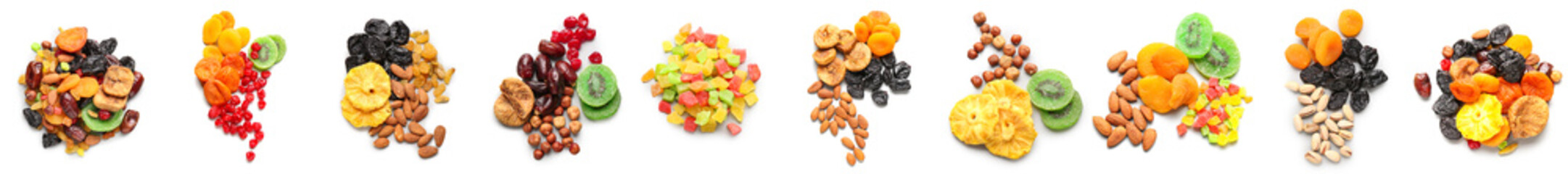 Collage of different dried fruits and nuts on white background