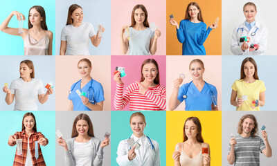 Group of people and gynecologist with different contraceptive means on color background. National...